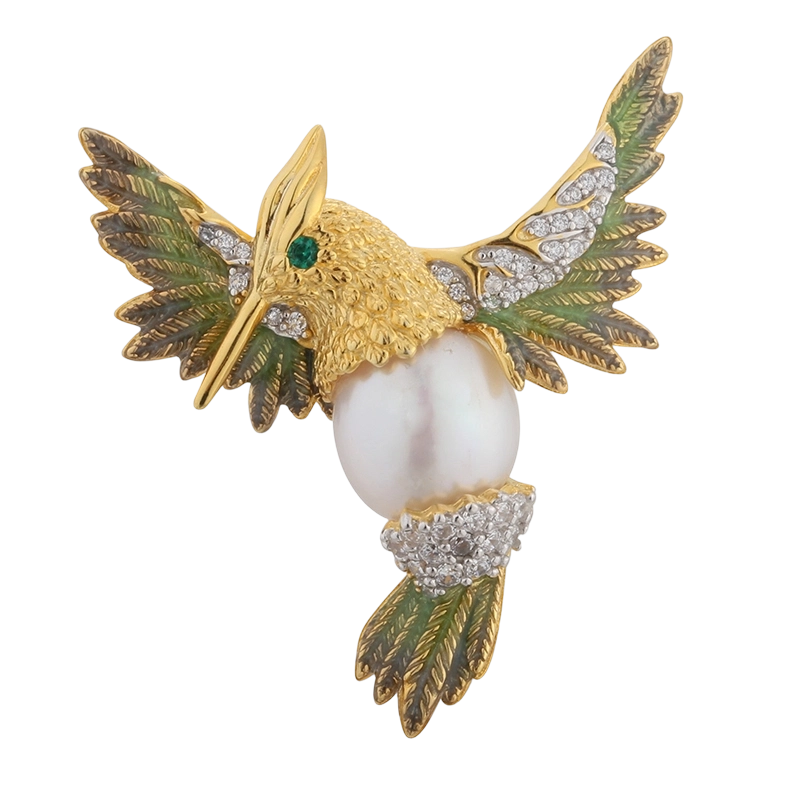 C00594 925 sterlings&oslash;lv perle fuglebrosje med emalje